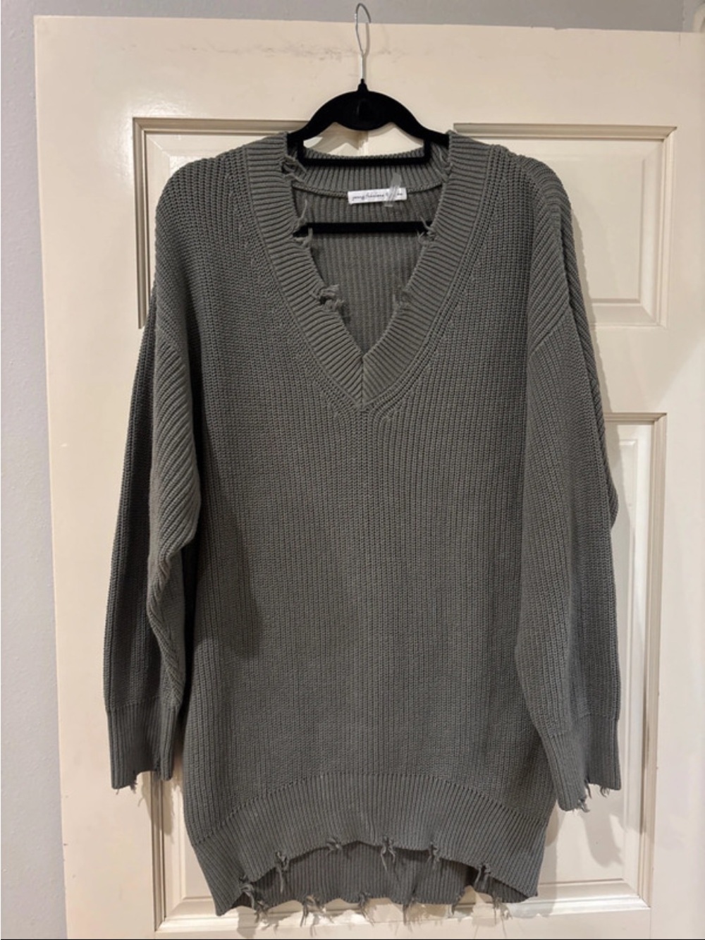 Young Fabulous & Broke Distressed V-Neck Sweater - Gray